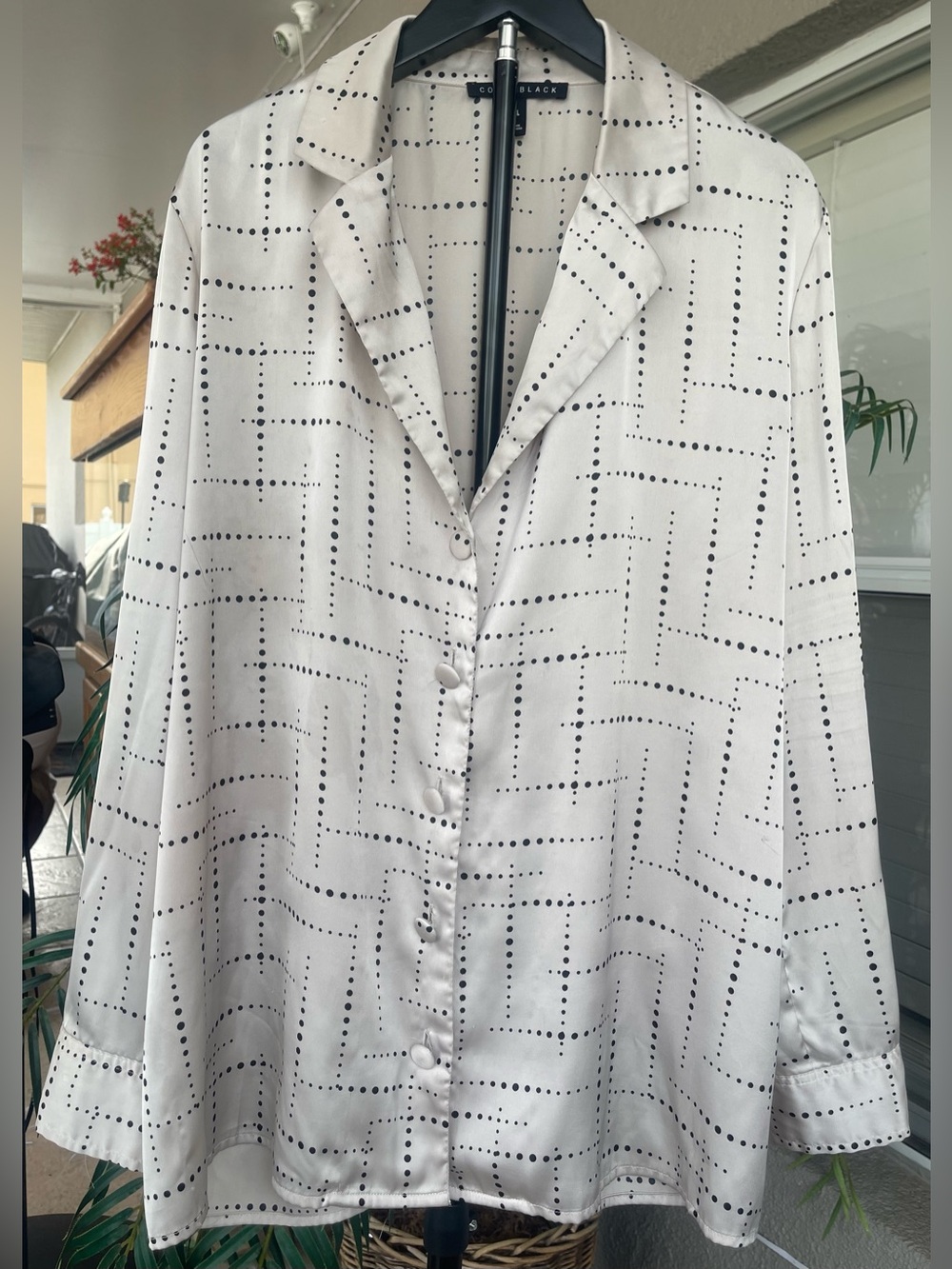 Polka Grid Satin Button-Down Shirt in White